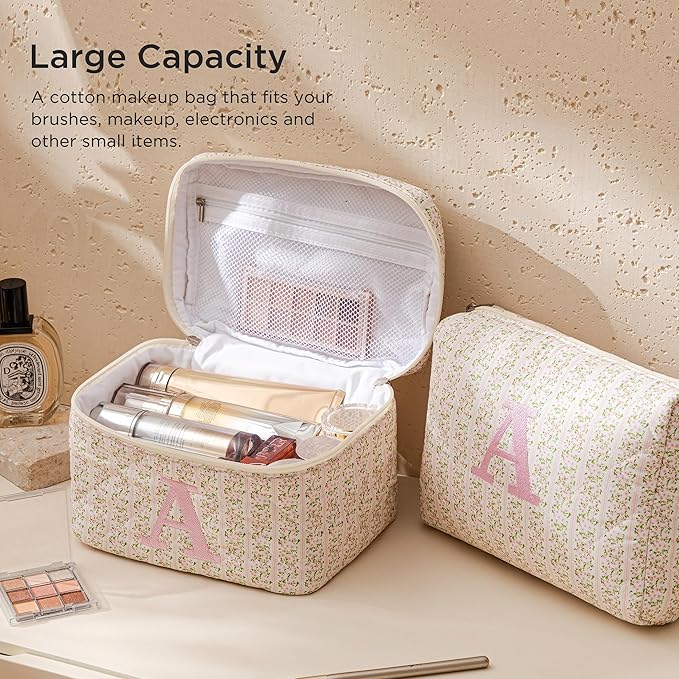 HBselect 2Pcs Initial Quilted Makeup Bag, Pink Cosmetic Travel Toiletry Bag, Flowers Coquette Zipper Make Up Pouch Organizer Teen Girl Gift Trendy Stuff P