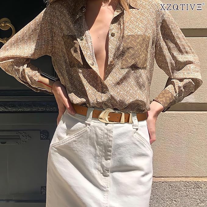 XZQTIVE Women's Leather Belts for Jeans Dress Pants Black Brown Belts for Women Ladies Waist Belts with Gold Buckle