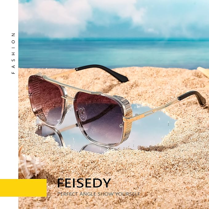 FEISEDY Sunglasses Mens Women Vintage Pilot Square Trendy Metal Steampunk Fishing Driving Sun Glasses B2894