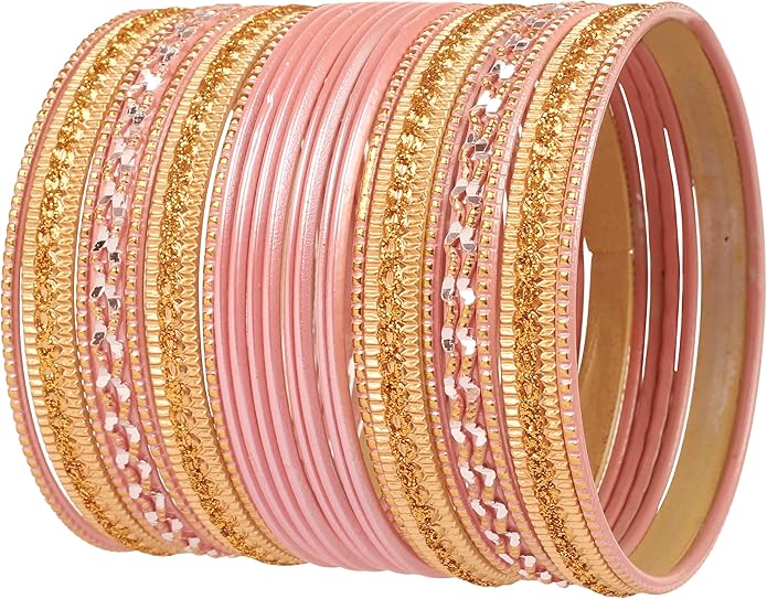Touchstone Indian Metal Bangles for Women Gold Alloy Bracelets desi 2 Dozen Bangle Collection Bollywood Women's Jewelry Set Multi Stacking Wide Chunky Textured Golden Set of 24 in Gold or White Tone