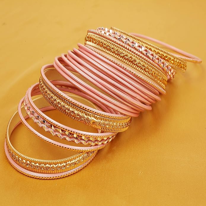 Touchstone Indian Metal Bangles for Women Gold Alloy Bracelets desi 2 Dozen Bangle Collection Bollywood Women's Jewelry Set Multi Stacking Wide Chunky Textured Golden Set of 24 in Gold or White Tone