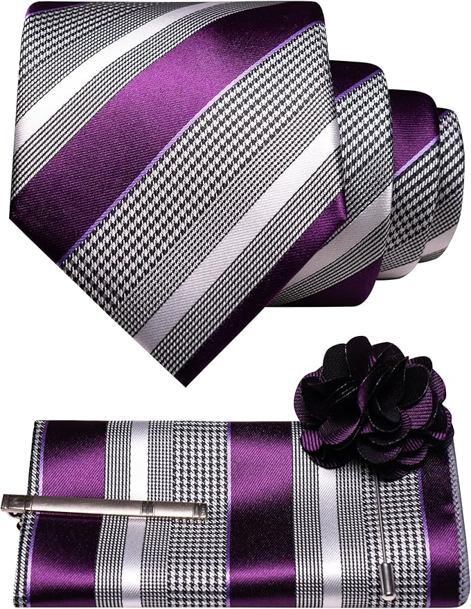 JEMYGINS Mens Striped Tie and Lapel Pin Necktie Pocket Square and Tie Clip Sets for Business Casual 4PCS