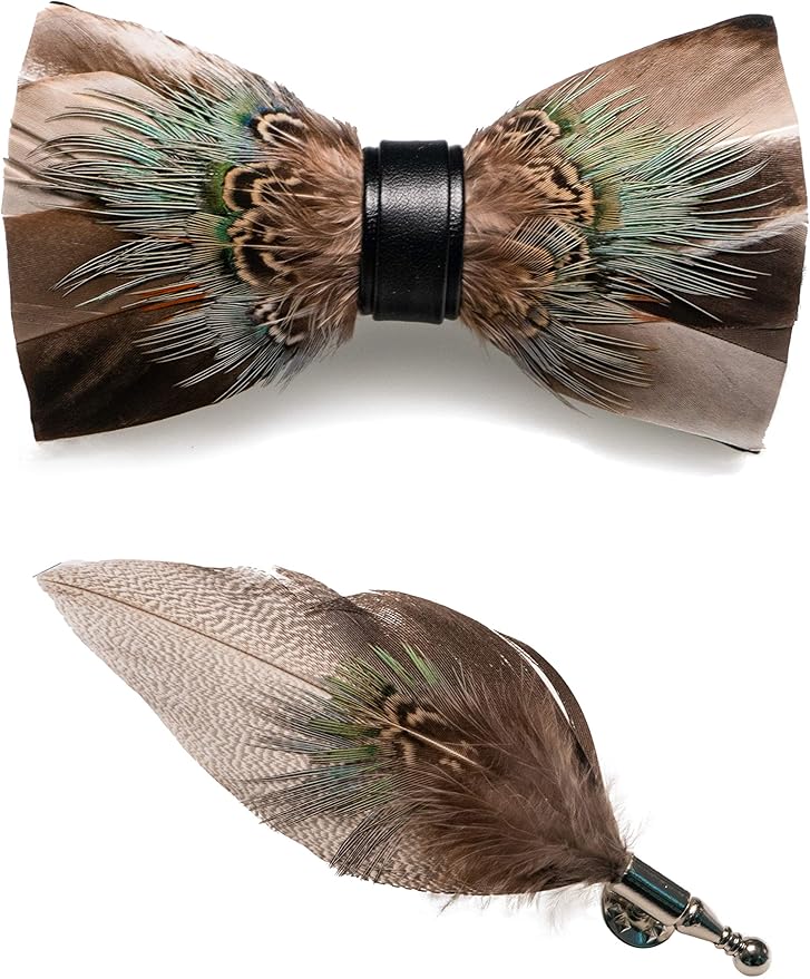 RBOCOTT Handmade Feather Pre-tied Bow tie and Brooch Sets for Men