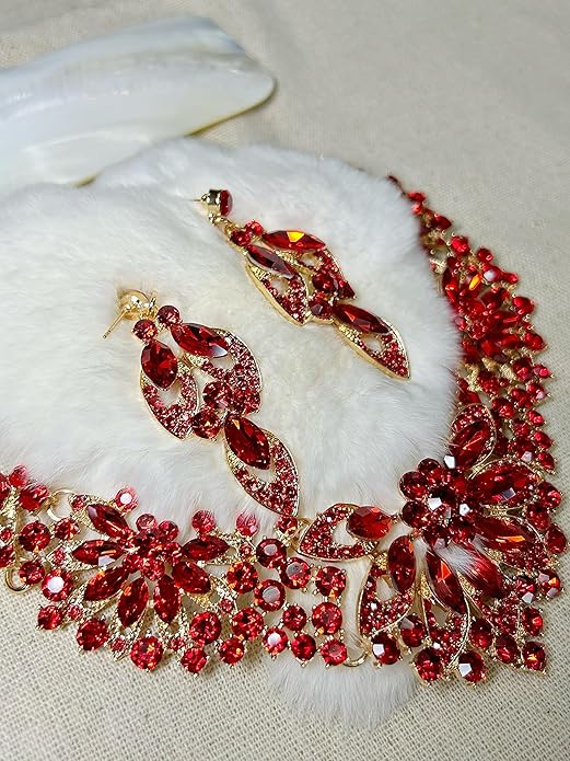 Women Jewelry Set Rhinestone Crystal Green Bride Statement Choker Necklace Teardrop Cluster Dangle Earrings Set for Wedding Party