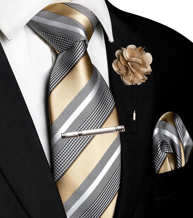 JEMYGINS Mens Striped Tie and Lapel Pin Necktie Pocket Square and Tie Clip Sets for Business Casual 4PCS