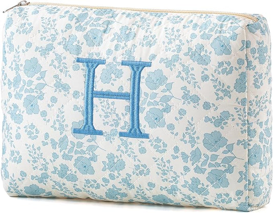 HBselect Initial Quilted Makeup Bag, Cotton Large Travel Makeup Bag, Cute Floral Coquette Make up Bag Cosmetic Bag Toiletry Bag for Women Girls H