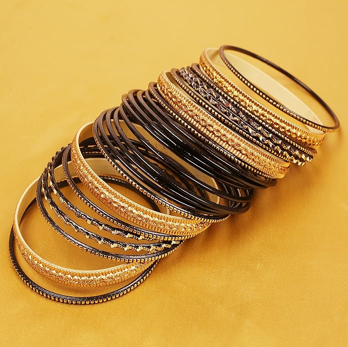 Touchstone Indian Metal Bangles for Women Gold Alloy Bracelets desi 2 Dozen Bangle Collection Bollywood Women's Jewelry Set Multi Stacking Wide Chunky Textured Golden Set of 24 in Gold or White Tone