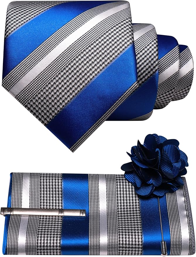 JEMYGINS Mens Striped Tie and Lapel Pin Necktie Pocket Square and Tie Clip Sets for Business Casual 4PCS