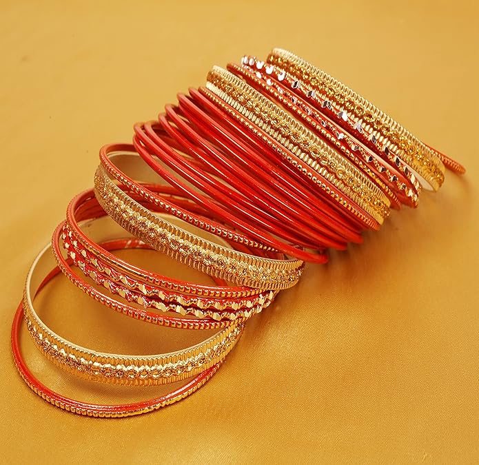 Touchstone Indian Metal Bangles for Women Gold Alloy Bracelets desi 2 Dozen Bangle Collection Bollywood Women's Jewelry Set Multi Stacking Wide Chunky Textured Golden Set of 24 in Gold or White Tone
