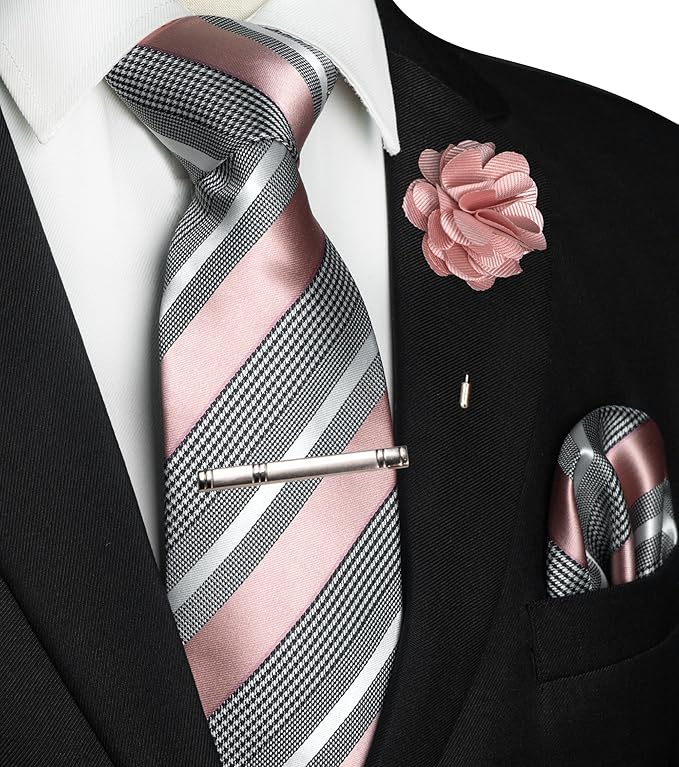 JEMYGINS Mens Striped Tie and Lapel Pin Necktie Pocket Square and Tie Clip Sets for Business Casual 4PCS