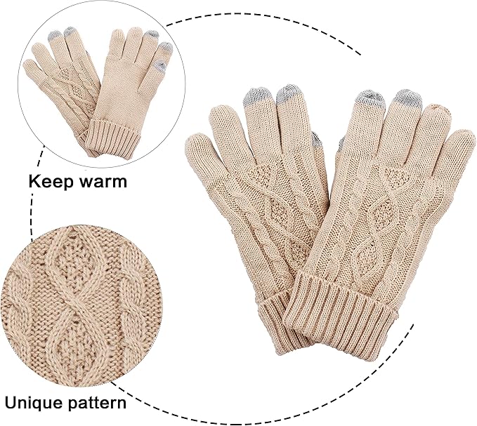 Winter Hat Gloves Scarf Set for Women, Cable Knit Beanie Pom Cap Touch Screen Glove Long Scarf 3PCS Winter Gift for Women Men
