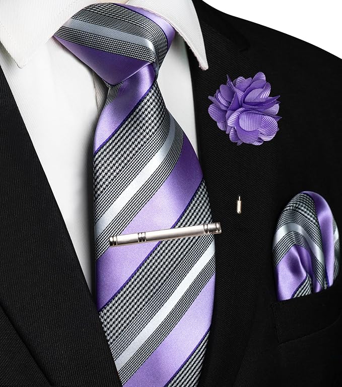 JEMYGINS Mens Striped Tie and Lapel Pin Necktie Pocket Square and Tie Clip Sets for Business Casual 4PCS