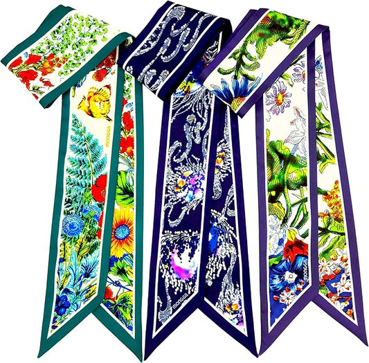 Skinny Scarf 3 Pack for Women – Bag Scarf, Silk Hair Scarves (Original Prints, Premium Twill, 3 Designs)