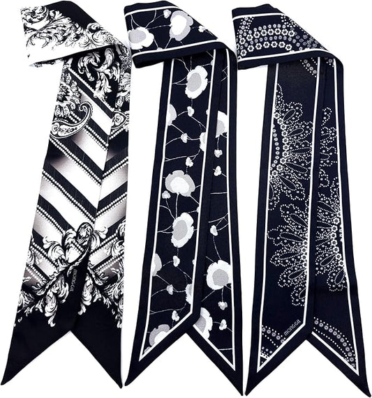 Skinny Scarf 3 Pack for Women – Bag Scarf, Silk Hair Scarves (Original Prints, Premium Twill, 3 Designs)