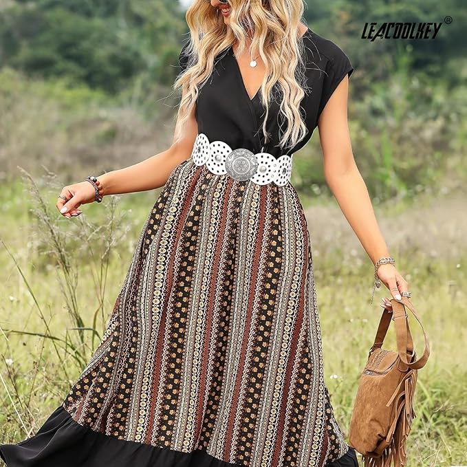 LEACOOLKEY Women's Boho Disc Belt Wide Western Leather Belt Vintage Concho Waist Belts for Dress Jeans