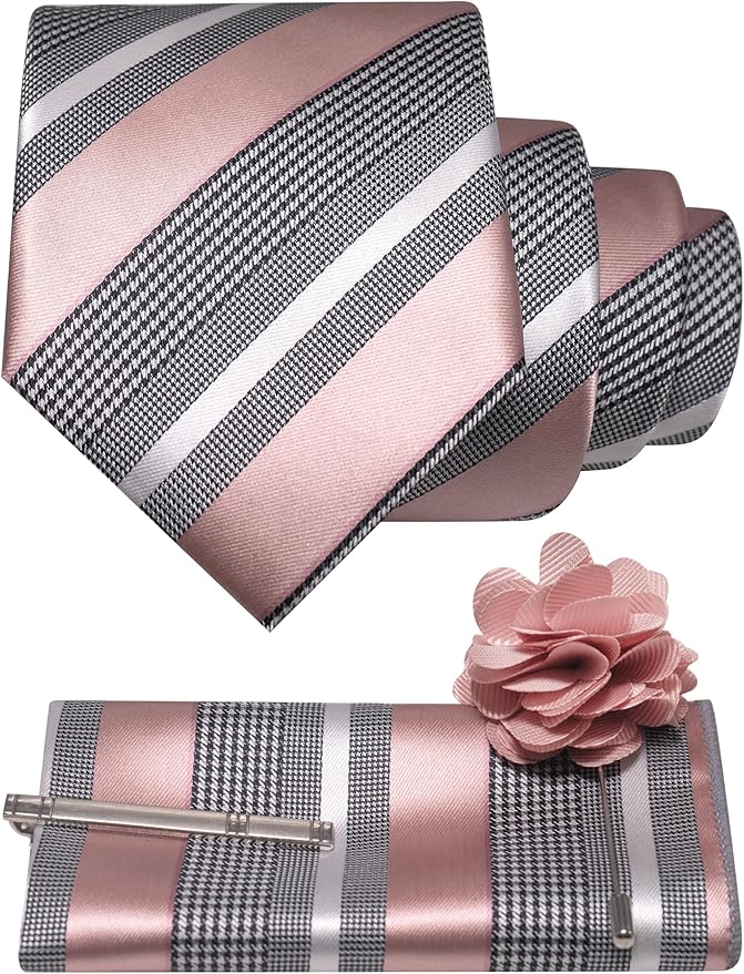 JEMYGINS Mens Striped Tie and Lapel Pin Necktie Pocket Square and Tie Clip Sets for Business Casual 4PCS
