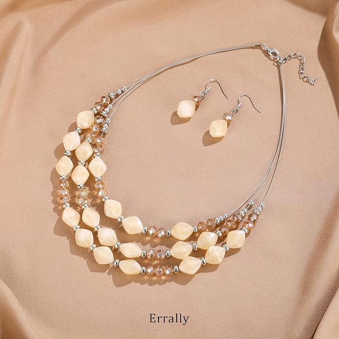 3 Layered Chunky Statement Necklace for Women Beaded Strand Necklaces with Earring Fashion Costumes Collar Necklace Jewelry Sets Gifts for Women