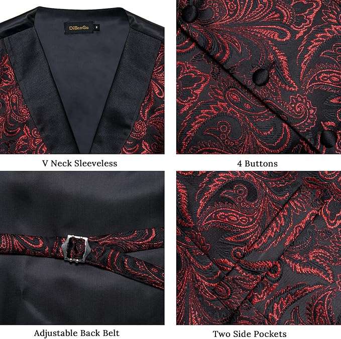 DiBanGu Mens Paisley Suit Vest Silk Jacquard Waistcoat and Necktie Set Formal Shawl Collar Dress Vest 7PCS for Wedding Party