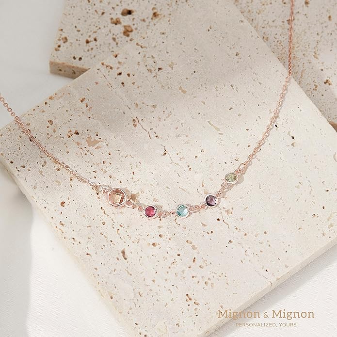 MignonandMignon Custom Birthstone Necklace for Women, Family Jewelry Gift for Moms, Kids, and Grandmas -BSN-MC
