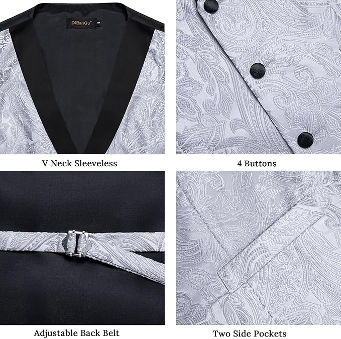 DiBanGu Mens Paisley Suit Vest Silk Jacquard Waistcoat and Necktie Set Formal Shawl Collar Dress Vest 7PCS for Wedding Party