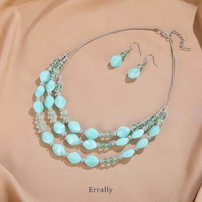 3 Layered Chunky Statement Necklace for Women Beaded Strand Necklaces with Earring Fashion Costumes Collar Necklace Jewelry Sets Gifts for Women