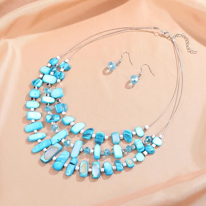 3 Layered Chunky Statement Necklace for Women Beaded Strand Necklaces with Earring Fashion Costumes Collar Necklace Jewelry Sets Gifts for Women