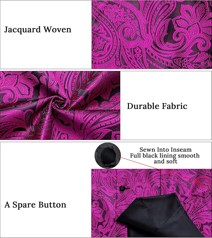 DiBanGu Mens Paisley Suit Vest Silk Jacquard Waistcoat and Necktie Set Formal Shawl Collar Dress Vest 7PCS for Wedding Party
