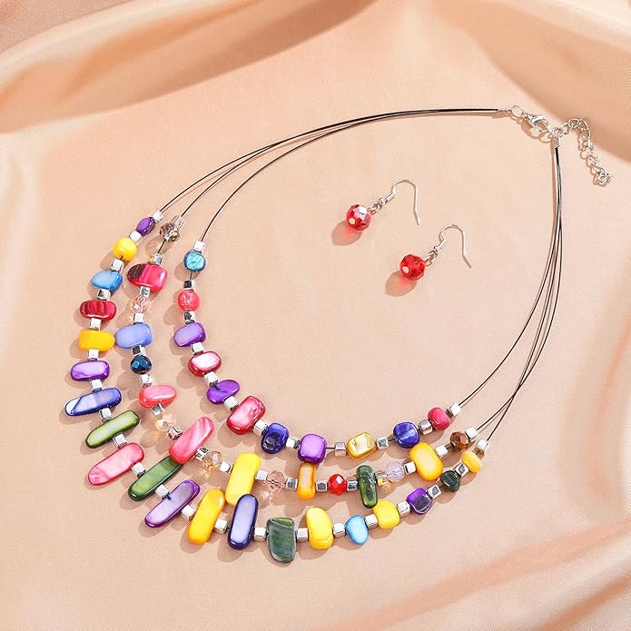 3 Layered Chunky Statement Necklace for Women Beaded Strand Necklaces with Earring Fashion Costumes Collar Necklace Jewelry Sets Gifts for Women
