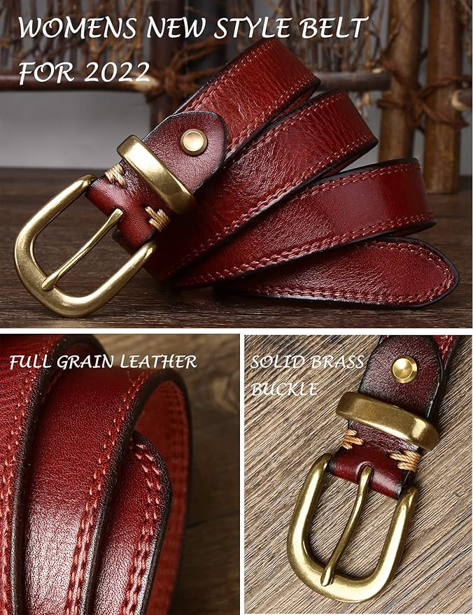 Womens Belts for Jeans 1.1" Width Ladies Belts for Dresses Full Grain Leather Gold Buckle Belt Gift Box