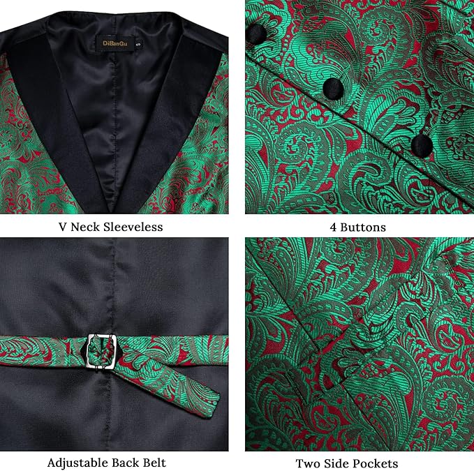 DiBanGu Mens Paisley Suit Vest Silk Jacquard Waistcoat and Necktie Set Formal Shawl Collar Dress Vest 7PCS for Wedding Party