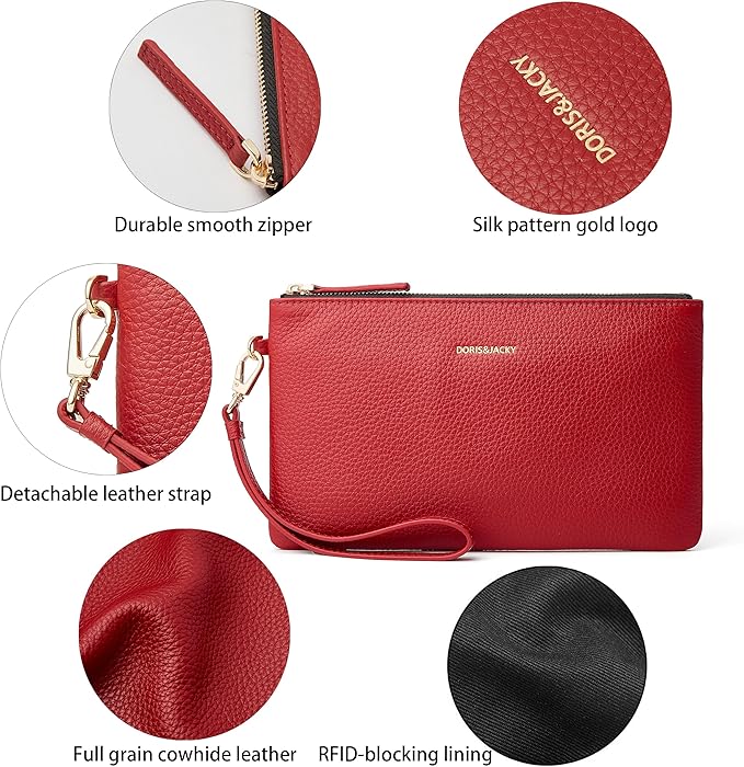 DORIS&JACKY Small Leather Wristlet Clutch Purse for Women Slim Designer Wallet and Cellphone Pouch Bag With Detachable Strap