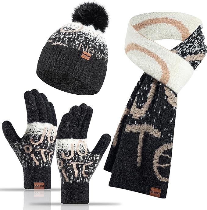 Winter Hat Scarf Gloves Set for Women Womens Knit Warm Hat Beanie Long Scarf Touchscreen Gloves Skull Caps Neck Scarves