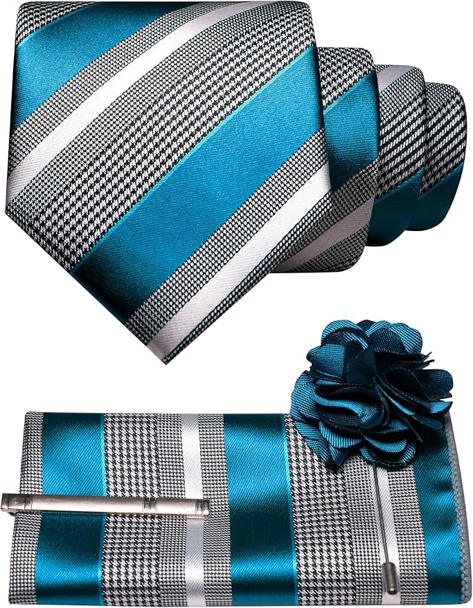 JEMYGINS Mens Striped Tie and Lapel Pin Necktie Pocket Square and Tie Clip Sets for Business Casual 4PCS