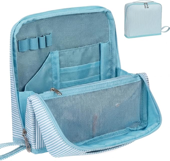 Striped Makeup Bag Large Cosmetic Bags for Women Gift with Brush Loops Mesh Pocket Wrist Strap Travel Organizer Storage Pouch Toiletry Case with Divider for Mirror(Summer Blue)