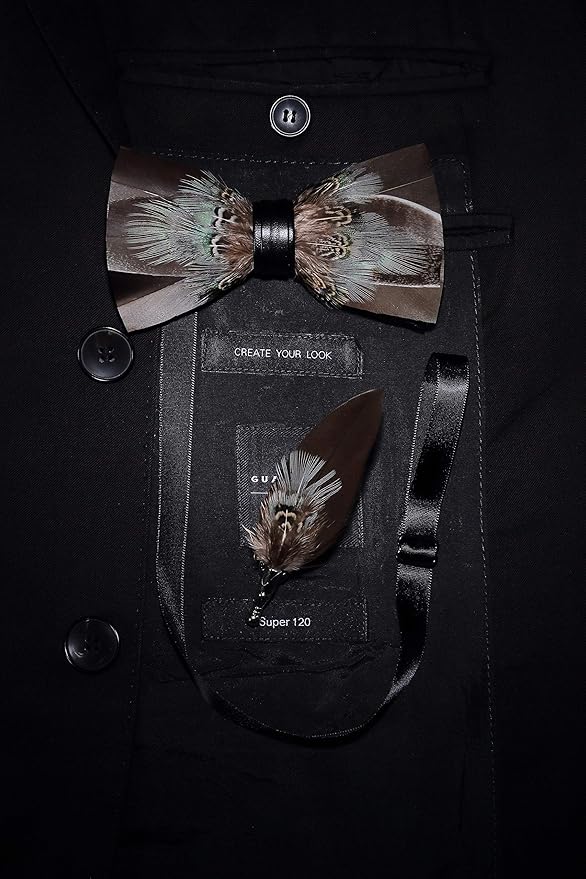RBOCOTT Handmade Feather Pre-tied Bow tie and Brooch Sets for Men