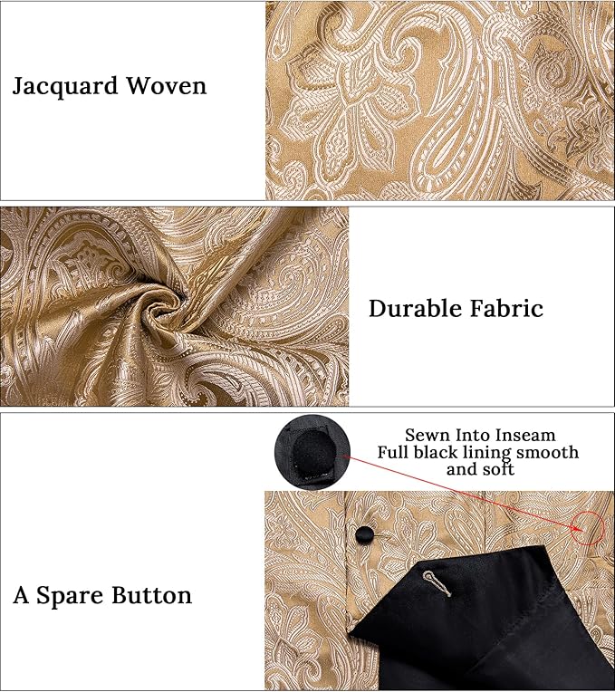 DiBanGu Mens Paisley Suit Vest Silk Jacquard Waistcoat and Necktie Set Formal Shawl Collar Dress Vest 7PCS for Wedding Party