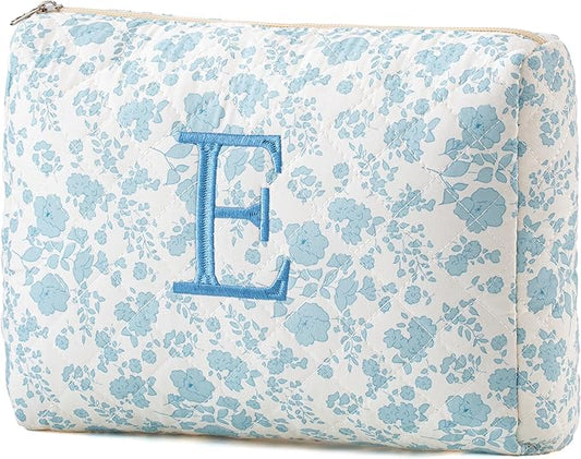 HBselect Initial Quilted Makeup Bag, Cotton Large Travel Makeup Bag, Cute Floral Coquette Make up Bag Cosmetic Bag Toiletry Bag for Women Girls E