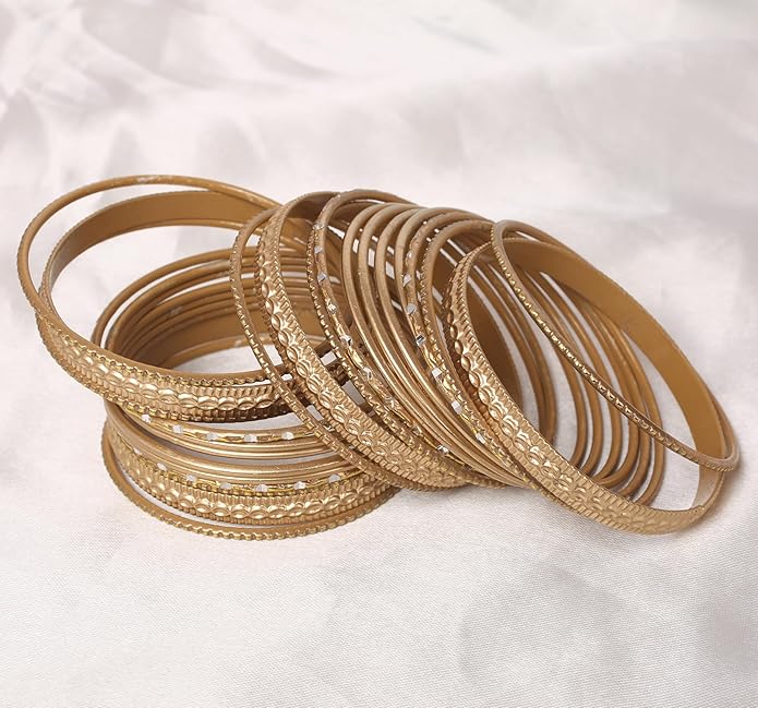 Touchstone Indian Metal Bangles for Women Gold Alloy Bracelets desi 2 Dozen Bangle Collection Bollywood Women's Jewelry Set Multi Stacking Wide Chunky Textured Golden Set of 24 in Gold or White Tone