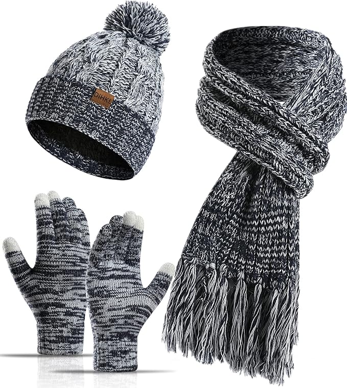 Winter Hat Scarf Gloves Set for Women Womens Knit Warm Hat Beanie Long Scarf Touchscreen Gloves Skull Caps Neck Scarves