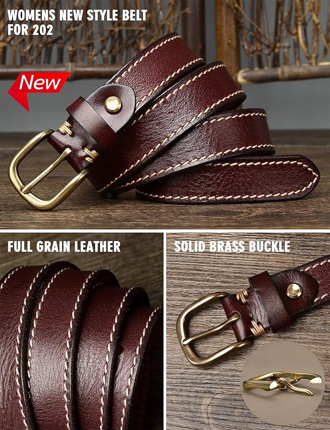 Womens Belts for Jeans 1.1" Width Ladies Belts for Dresses Full Grain Leather Gold Buckle Belt Gift Box
