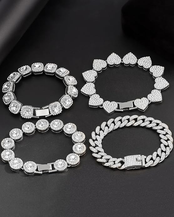 4PCS Gold Bracelets for Women Silver Clustered Tennis Bracelet for Women Heart Round Diamond Cuban Bracelet Layered Link Bracelet Set Fashion Jewelry for Women Set