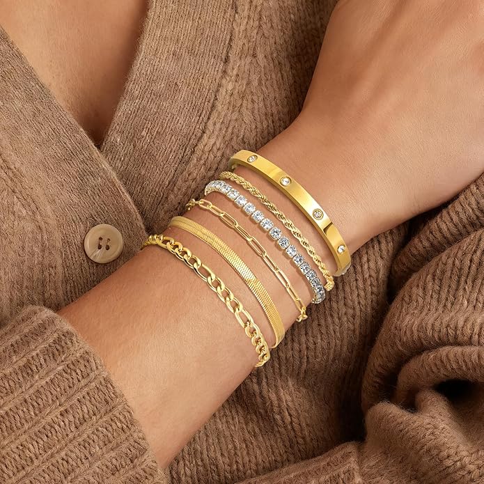Gold Bracelets for Women Non Tarnish, Dainty 18K Gold Plated Bracelets Stack Trendy Waterproof Stackable Bangles, Cuban Link Paperclip Chain Jewelry Set Fashion Accessories Gifts for Women