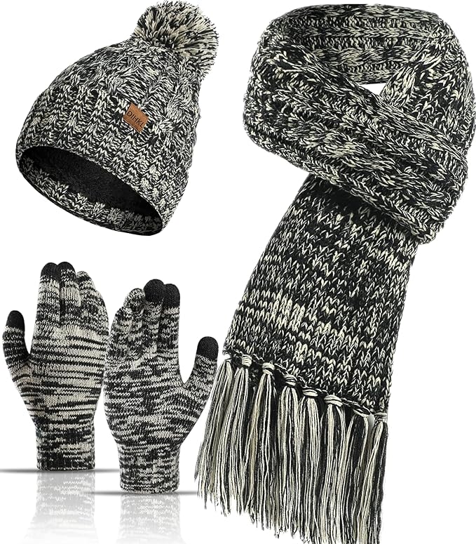 Winter Hat Scarf Gloves Set for Women Womens Knit Warm Hat Beanie Long Scarf Touchscreen Gloves Skull Caps Neck Scarves