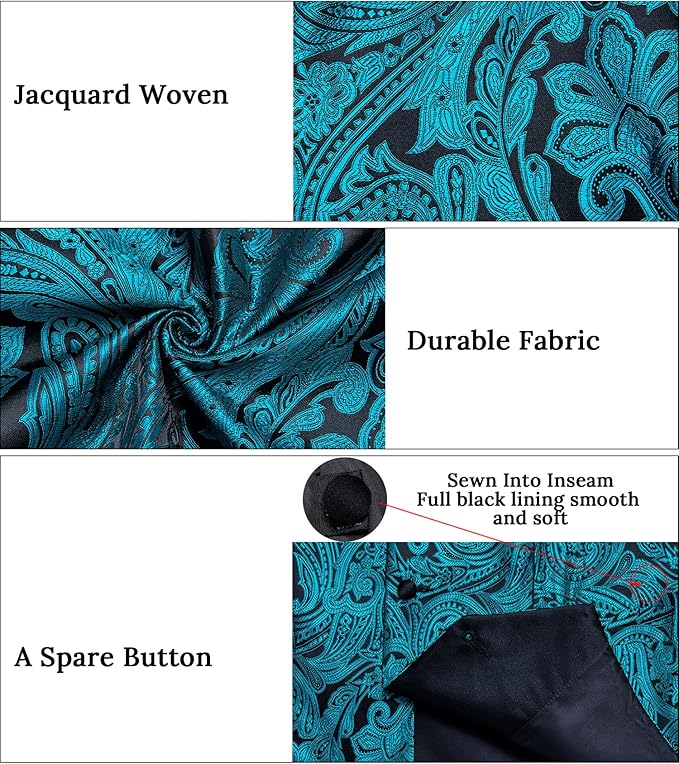 DiBanGu Mens Paisley Suit Vest Silk Jacquard Waistcoat and Necktie Set Formal Shawl Collar Dress Vest 7PCS for Wedding Party