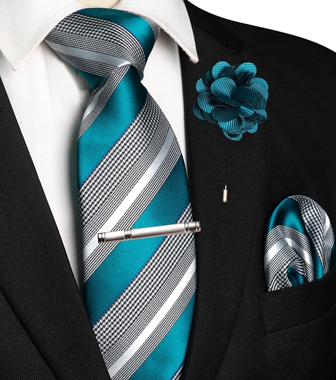 JEMYGINS Mens Striped Tie and Lapel Pin Necktie Pocket Square and Tie Clip Sets for Business Casual 4PCS