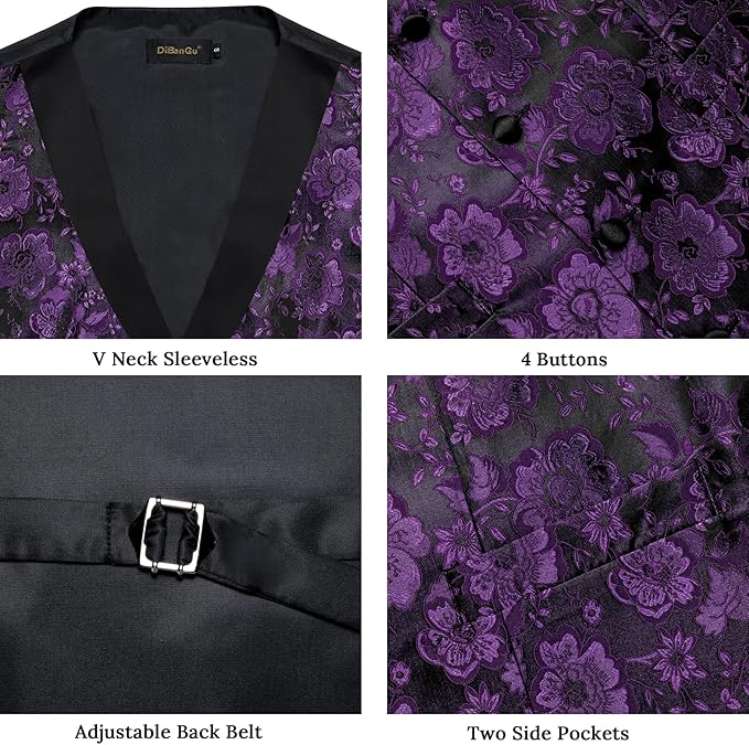 DiBanGu Mens Paisley Suit Vest Silk Jacquard Waistcoat and Necktie Set Formal Shawl Collar Dress Vest 7PCS for Wedding Party