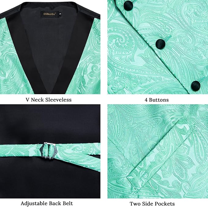 DiBanGu Mens Paisley Suit Vest Silk Jacquard Waistcoat and Necktie Set Formal Shawl Collar Dress Vest 7PCS for Wedding Party