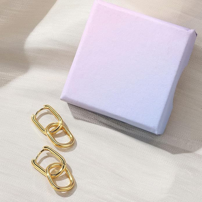 18K Gold Plated Two Tone Gold Silver Hoop Earrings for Women Hypoallergenic - 925 Sterling Silver Drop Dangle Paperclip Huggie Hoop Earrings - Chain Link Dangle Earrings Jewelry