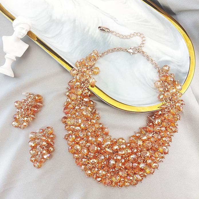 Bocar Fashion Crystal Chunky Collar Statement Necklace Earring Set for Women Gift (NK-10260)
