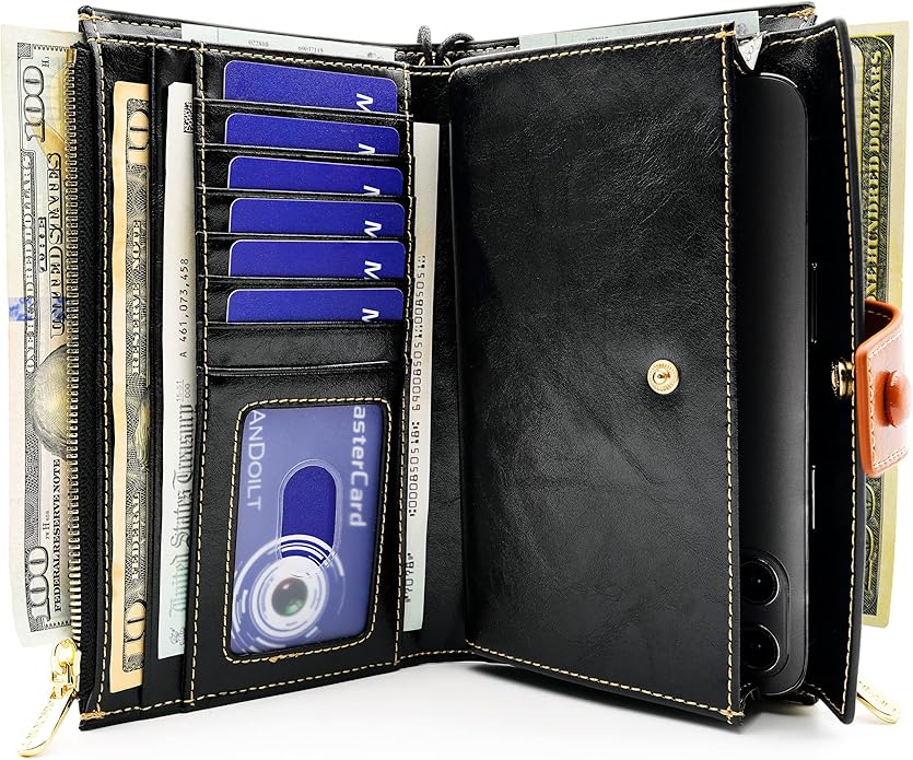 ANDOILT Wallet Women RFID Blocking Genuine Leather Bifold Multi Card Organizer Wristlet Purse Cell Phone Handbag